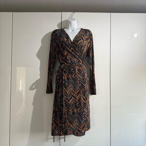 Hobbs Joyce Full Wrap Jersey Dress Navy Orange Print Size 16 Long Sleeve Knee Le